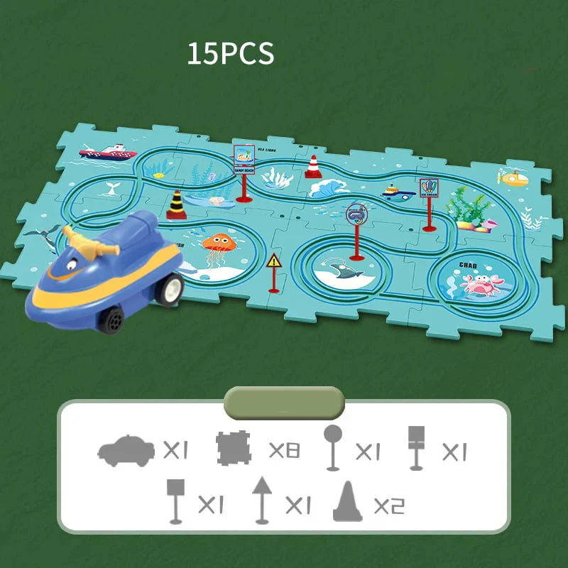 Educational circuit puzzle with electric vehicles
